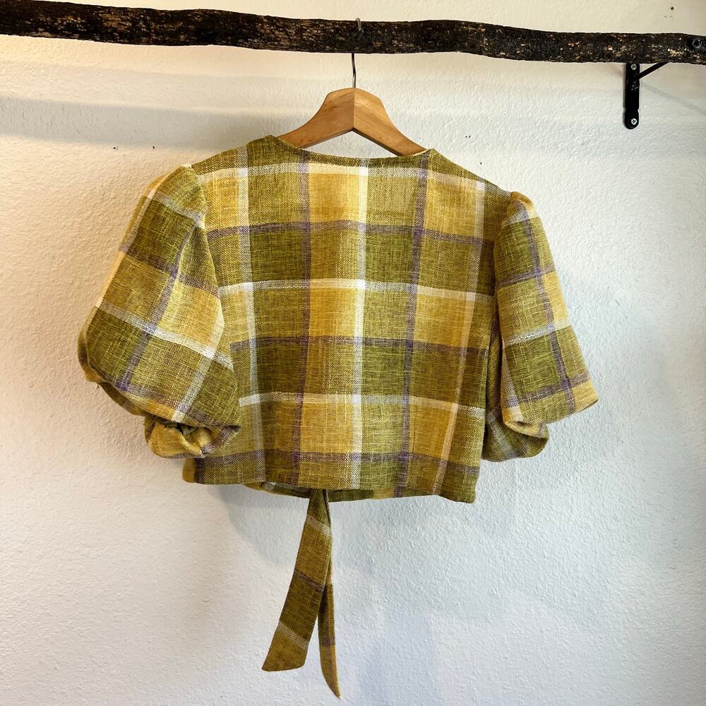 LA'VEN Los Angeles Green Plaid Button Tie Puffed Sleeve Crop Top Size Small - Picture 8 of 11